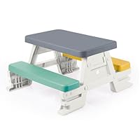 DOLU: Picnic Table for 4: White, Green, Yellow - Indoor/Outdoor, Bench Seating, Durable Waterproof Plastic Toy, 30.3 x 28 x 17, Toddler Kids Age 2+