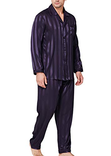 Lonxu Pajamas Set Mens Silk Satin Pajamas Long Sleeve Loungewear Two-Piece Sleepwear Button-Down Pj Set S-XXXXL