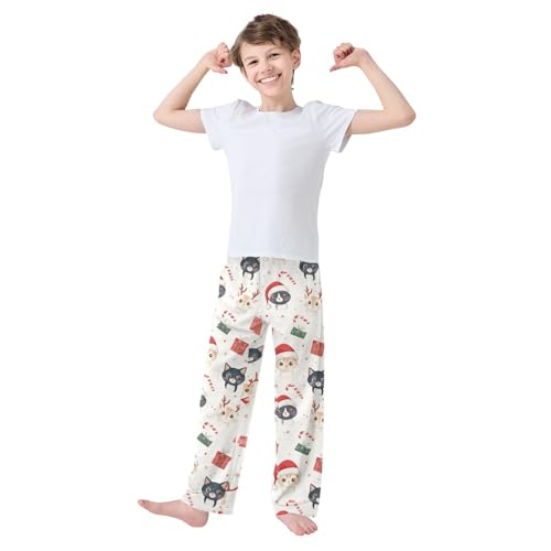 Cat and Candy Cane Boys Long Pants Soft Trousers Elastic Waist Kids Lounge Bottoms with Pockets S-XL2