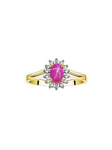 Image of Rylos Halo Ring: Diamond Birthstone with 6X4MM Oval Gemstone - Women's Jewelry in Yellow Gold Plated Silver - Stunning Diamond Ring Sizes 5-10