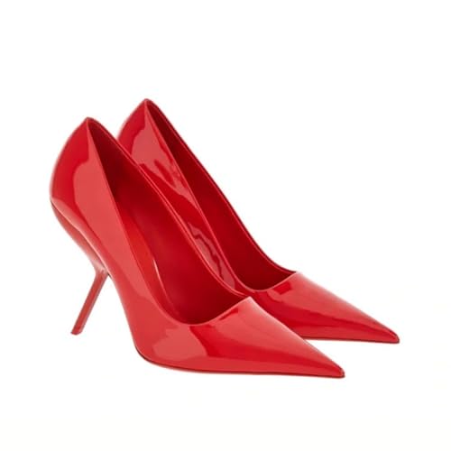 Chaussures en cuir verni rouge à talons hauts pointus et irréguliers en grande taille EU41