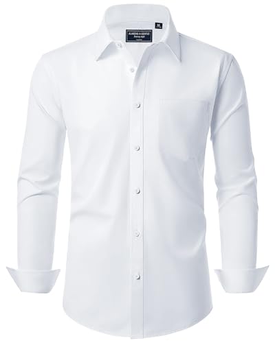 Alimens & Gentle Herren Hemd Langarm Business Unifarben Tasche Shirt Hemden Regular Fit Bügelleichtes Weiß L