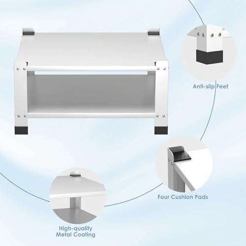 Image of 2 Pack Washer and Dryer Pedestals, 28 Inch, 14.37 Inch High | White metal stands with storage shelves, 800 lb capacity per stand, cushion pads, and required assembly.