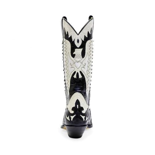 DHAEY Men Western Boots Fashionable PU Leather Low Heel Pointed Toe Comfortable Knight Boots Retro Classic Unisex Cowboy Boots for Spring Fall (Color : Black and White, Size : 8 Women/6.5 Men)2