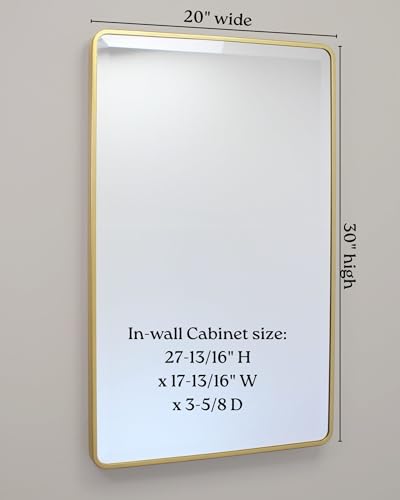 Image of 20x30 Austin Farmhouse Metal Framed Rounded Rectangle Recessed Bathroom Medicine Cabinet, Beveled Mirror, 18x28 in-Wall Opening, powder-coated Steel, Adjustable Glass Shelves, Magnet Close, Gold