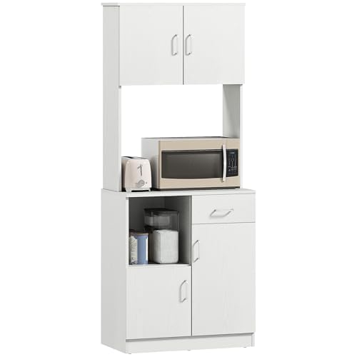 HOMCOM Freestanding Kitchen Cupboard, Modern Kitchen Storage Cabinet with Doors, Microwave Counter and Adjustable Shelves, White