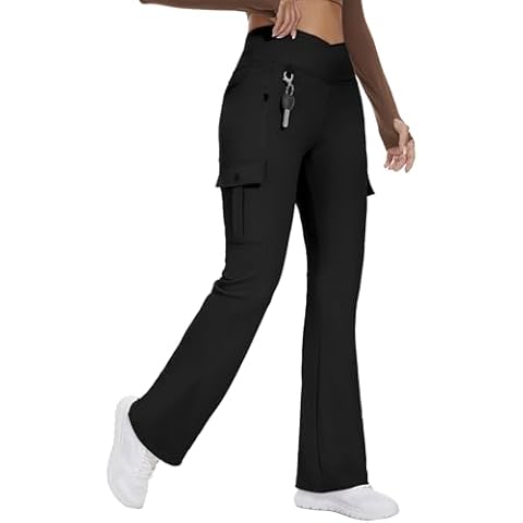 Flare Leggings for Women Yoga Crossover High Waist Pants with Tummy Control Workout Cargo with 5 Pockets Bootcut Leggings,Black(M) Cover