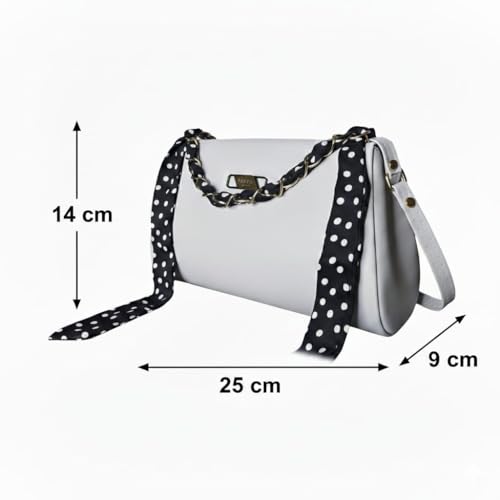 Image of Women's Crossbody Bag with Polka Dot Scarf, Chain Strap, Dual Zippered Compartments, Minimalist Design, 25x14x9 cm
