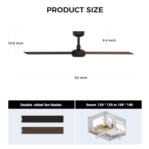 Image of TALOYA 52 inch Ceiling Fan,Glimmering Mocha Finish,6-Speed,Dimmable,Noiseless,Reversible DC Motor,3 blades
