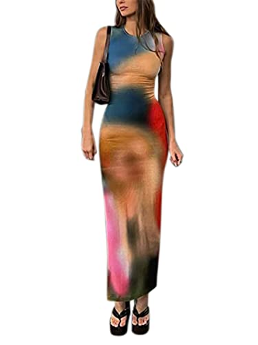 Image of Suillty Women Y2k Tie Dye Tank Dress Sleeveless Bodycon Long Dresses Printed Slim Fit Summer Maxi Dress Sundress