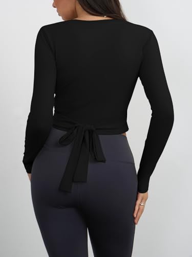 Yousify Womens Wrap Tie Tops Y2k Long Sleeve Ballet Pilates Yoga Workout Wrap Shirts Deep V Neck Casual Tops Black