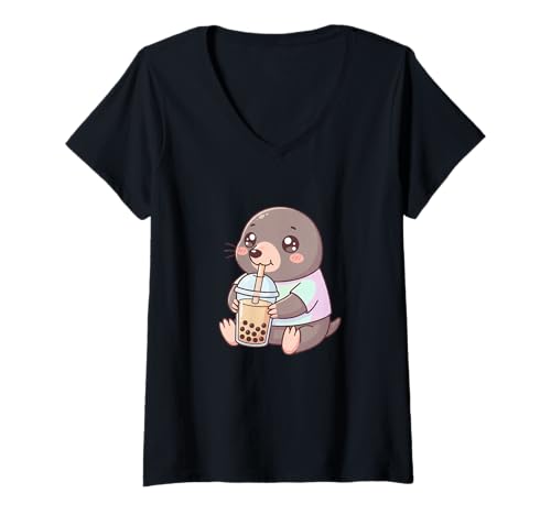 Mujer Té de Burbujas de Topo Kawaii Boba Cute Camiseta Cuello V