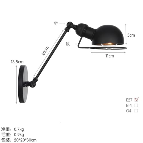 Aplique de pared industrial negro mate con brazo ajustable de 20cm y LED 3