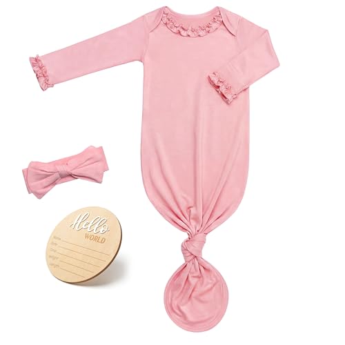 Newborn Knotted Gown for Baby Girls with Ruffle Neck & Sleeves Soft Infant Sleepers Gown with Adjustable Knot Bottom Matching Bow Headband & Announcement Sign (Pink)