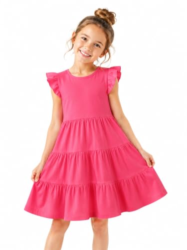 Image of HILEELANG Girls Cotton Tiered Dress Flutter Ruffle Sleeve Summer Swing Sundress Birthday Party Casual Outfit Colorblock 2-12Y