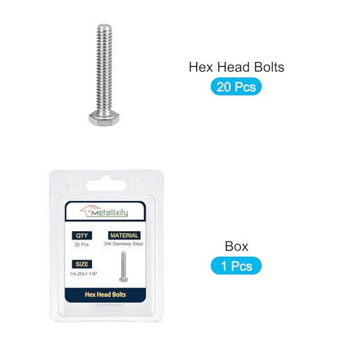 Image of METALLIXITY Hex Head Bolts (1 /4-20 x 1-1 /4 inch) 20Pcs, 304 Stainless Steel 18-8, Fully Threaded, External Hex Drive, Plain Finish, Hex Head Screw Bolt, Silver