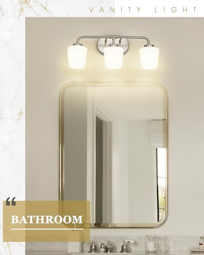 Image of Bathroom Light Fixtures Over Mirror, 3-Light Brushed Nickel Vanity Lighting Fixtures with Milk White Glass, Vintage Farmhouse Wall Sconces Lighting, AD-22004-3W-SN