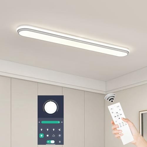 Naroume Smart LED Ceiling Light,4Ft Dimmable Modern Metal Linear LED Ceiling Lamp,68W Flush Mount Wraparound Shape Lighting Fixture with Remote Control for Kitchen Dining Room & Laundry by Naroume - Used condition - CA$88.50