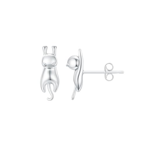 Weviway 925 Sterling Silver Cat Stud Earrings for Women Girls - Hypoallergenic Cute Kitty Animal Earrings, Dainty Jewellery Gift for Cat Lovers
