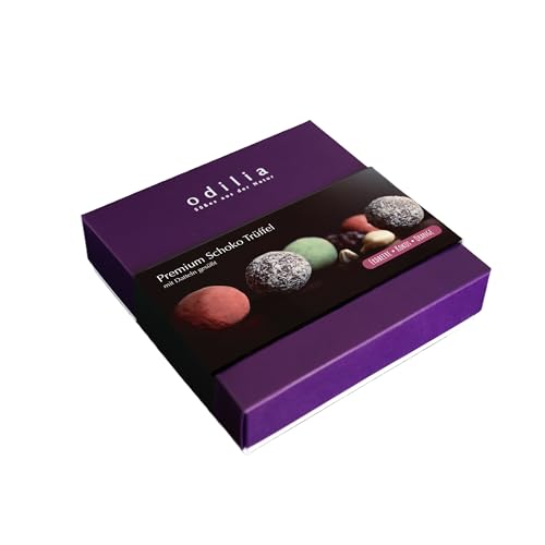 Odilia Premium Bio Schoko Trüffel 9 Stück Vegane Pralinen mit Erdbeere & Orange & Kokos | Ohne Zuckerzusatz Glutenfrei | Nachhaltige Verpackung | Exquisite Geschenkidee aus Deutschland