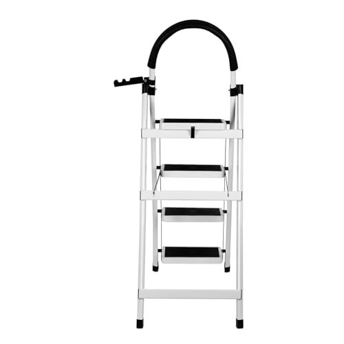 Escalera de 4 escalones plegable de acero, carga 150 kg, pie antideslizante, plataforma de trabajo, escalera con mano Corriente, para cocina, taller, almacén, 133 x 74 x 39 cm, 4 peldaños (blanco)