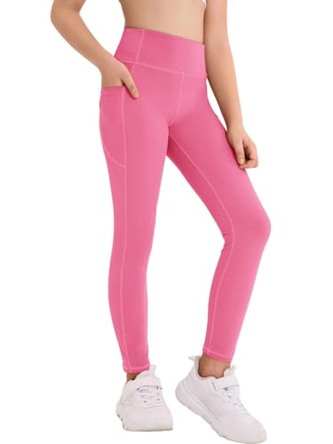 Haloumoning Sportleggins Mädchen Elastisch Einfarbig Sporthose Kinder Lang Yoga Jogging Training Leggings Dunkelrosa 7-8 Jahre