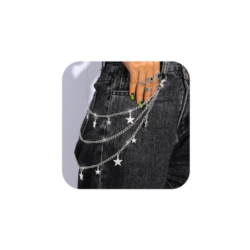Star Pants Chain Belt Silver Y2k Jeans Chains Layered Wallet Accessories for Women and Men