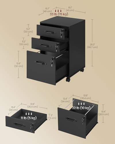 Image of VASAGLE 3-Drawer Mobile File Cabinet, Home Office, Locking, Printer Stand | Highlight: Small Rolling, A4, Letter-Size Hanging File Folders, Ink Black, CUSTOS Collection UOFC084BC01SV1