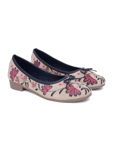 Image of TRYME Floral Embroidered Bow Ballerina Shoes for Women | Lightweight Slip-On Belly Flats | Soft Sole Comfortable Casual Footwear
