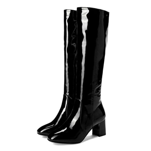 WOkismD Botas Altas hasta la Rodilla de Charol para Mujer, cómodas, con tacón Grueso, Punta Cuadrada, Cremallera Lateral, Botas largas, Zapatos de Vestir,Negro,38
