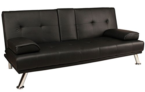 Sofa Bed Black Faux Leather Click Clack Double Settee 2 to 3 Seater Modern Couch with Cup Holder Table Two Pillows and Chrome Feet Living Room Gues Room Furniture Cheap