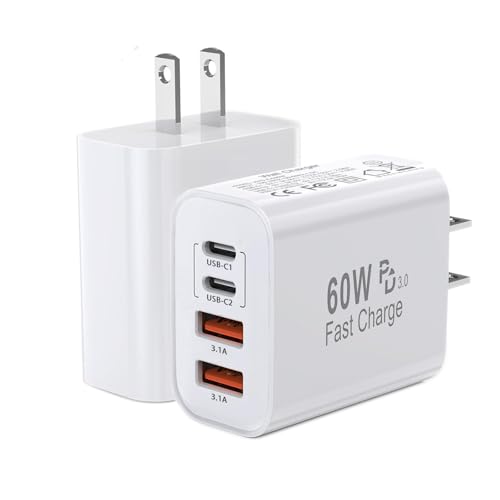 60W USB C Charger Block,2Pack 4-Port GaN USB C Charger Fast Charging Wall Plug Dual Type C+Dual...