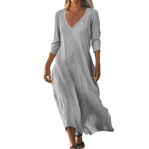 Cotton Linen Dresses for Women 2025 Summer 3/4 Length Sleeve V Neck Maxi Dress Boho Vacation Beach Sundresses Gray