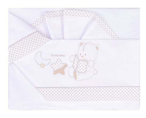 Andy & Helen Completo lenzuolo per culla/carrozzina ricamato + sotto con elastici e federa, Panna