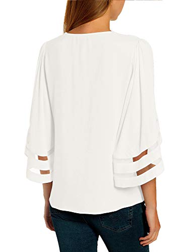 luvamia Women Casual Strappy V Neck Blouse 3/4 Bell Sleeve Mesh Panel Shirts Top2