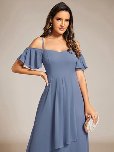Image of Ever-Pretty Women's Summer Cold Shoulder Hi-Lo Asymmetrical Hem Flowy Chiffon Short Wedding Guest Dress 02103