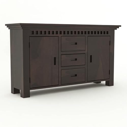 Image of Solid Sheesham Wood Sideboard and Cabinets | Wooden Side Board Media Console Tv Cabinet for Living Room | Free Standing Cabinet with 3 Drawers & 2 Door Cabinet Storage | Walnut Finish
