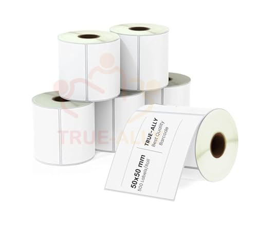 Image of True-Ally 6 Pcs 50x50 Direct Thermal (DT) Square Barcode Label Sticker - 2 x 2 inch -50mm x 50mm - 500 Labels /Roll - White Self Adhesive for Printing Barcoding Labels (Pack of 6)