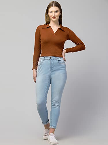 Image of Ribbed Polo Collar Full Sleeves Tops for Women