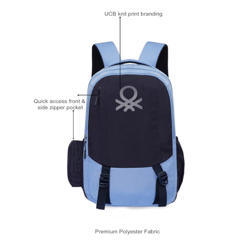 Image of United Colors of Benetton Turf 24L Laptop Backpack - Blue+Navy, Fits 15-inch Laptop, Water-Resistant with Secure Buckle, for Students & Commuters