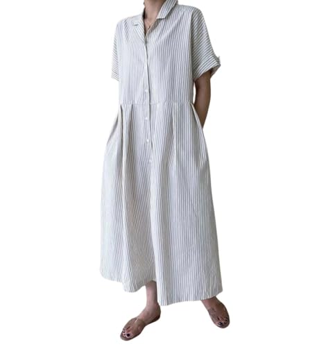 Image of chouyatou Women's Cotton Striped Shirt Dress Button Up Short Sleeve Midi Long Shift Dress with Pockets