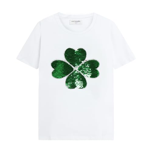 Mud Kingdom Toddler Girls T-Shirt with Sequins Lucky Four Leaf Clover Print Tee for Girl St. Patrick's Day Festive Tops White 4 Years