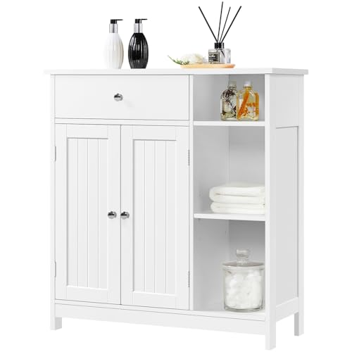 Yaheetech Armario Baño de Suelo Mueble de Baño Auxiliar de Madera con Cajón y Puertas Mueble de Cocina con Estante Ajustable 75x30x80 cm Blanco
