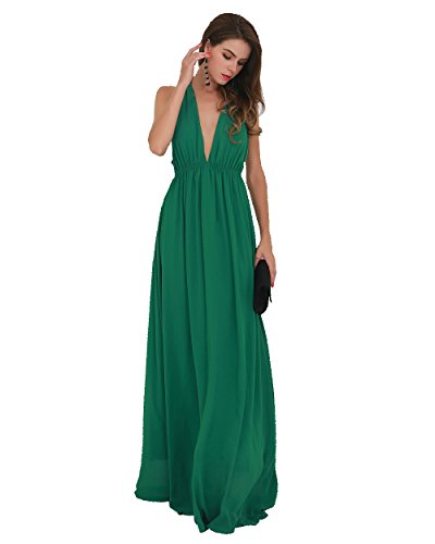 Miss ord Sexy Deep V Backless Sleeveless Cross Back Maxi Dress Medium Green