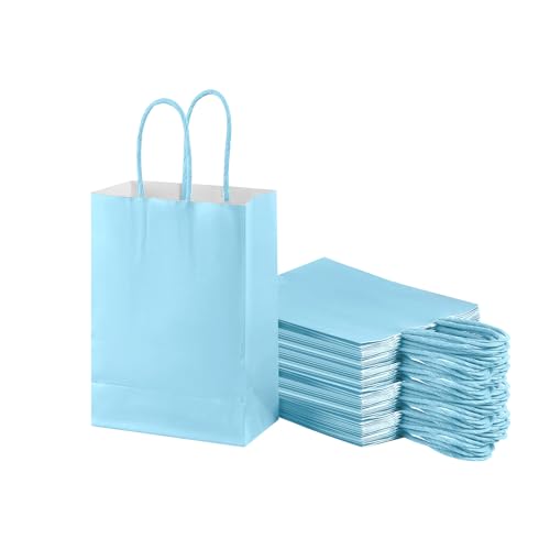 piqiya Small Plain Natural Paper Kraft Gift Bags with Handles Light Blue Paper Bags for Eid Birthday Party Grocery Retail Business Goody Craft Bag (Blue24pcs)
