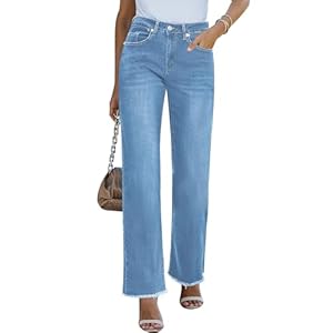 Vetinee Baggy Jeans Damen Straight Leg High Waist Ausgefranster Saum Stretch Jeans