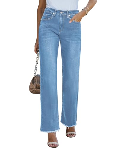 Vetinee Baggy Jeans Damen Straight Leg High Waist Ausgefranster Saum Stretch Jeans