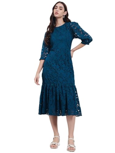Image of Styli Women Self Design Lace Bodycon Midi Dress | Elegant One Piece Dress for Women | Stylish Outfit for Party, Casual & Everyday Wear