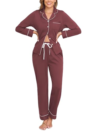 Veseacky 100% Cotton Pajamas for Women Set Long Sleeve Button Down Sleepwear Soft Pjs Lounge Sets with Pockets S-XXL