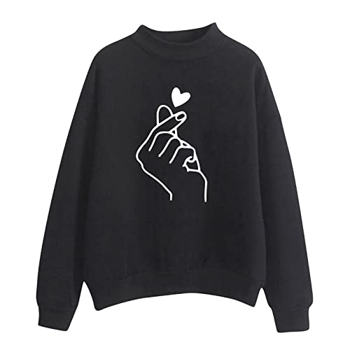 Sweatshirt femme col rond noir à motif coeur imprimé taille S pour l'hiver